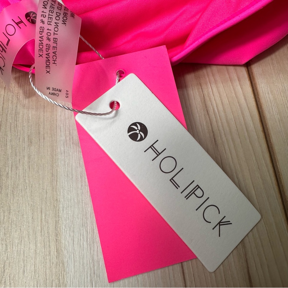 NWT Holipick Ruched Keyhole One Shoulder Ruched One Piece Neon Pink Size Large - Picture 6 of 9